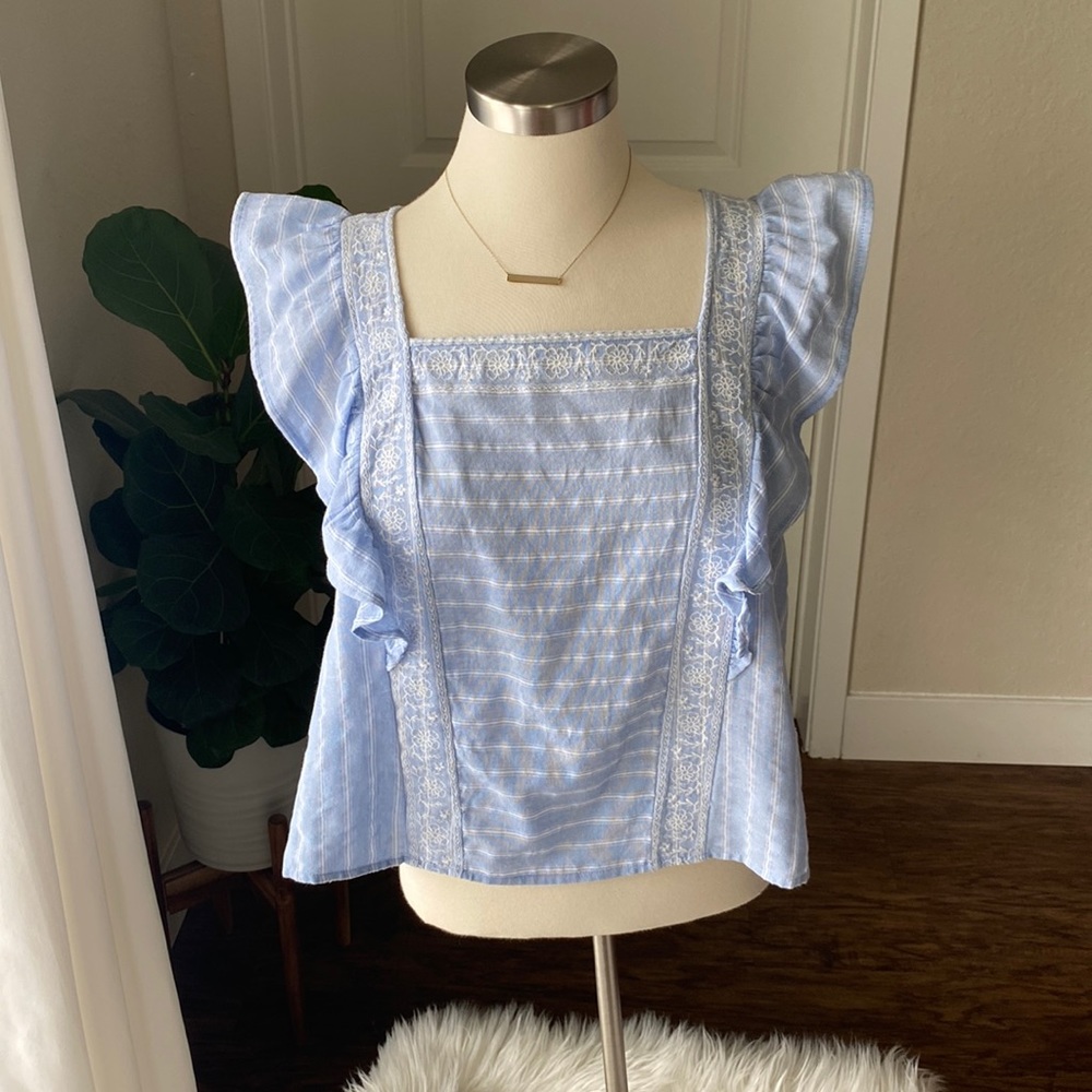 Francesca’s baby blue butterfly sleeve cropped blouse.